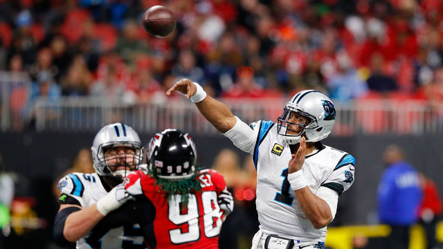 ATLANTA, GA - DECEMBER 31: Cam Newton #1 of the Carolina Panthers throws a pass during the second half against the Atlanta Falcons at Mercedes-Benz Stadium on December 31, 2017 in Atlanta, Georgia.