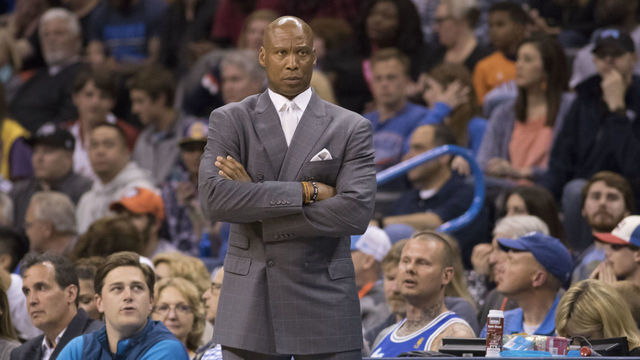 OKLAHOMA CITY, OK - APRIL 11: Byron Scott of the Los Angeles Lakers watches game action against the Oklahoma City Thunder during a NBA game at the Chesapeake Energy Arena on April 11, 2016 in Oklahoma City, Oklahoma.