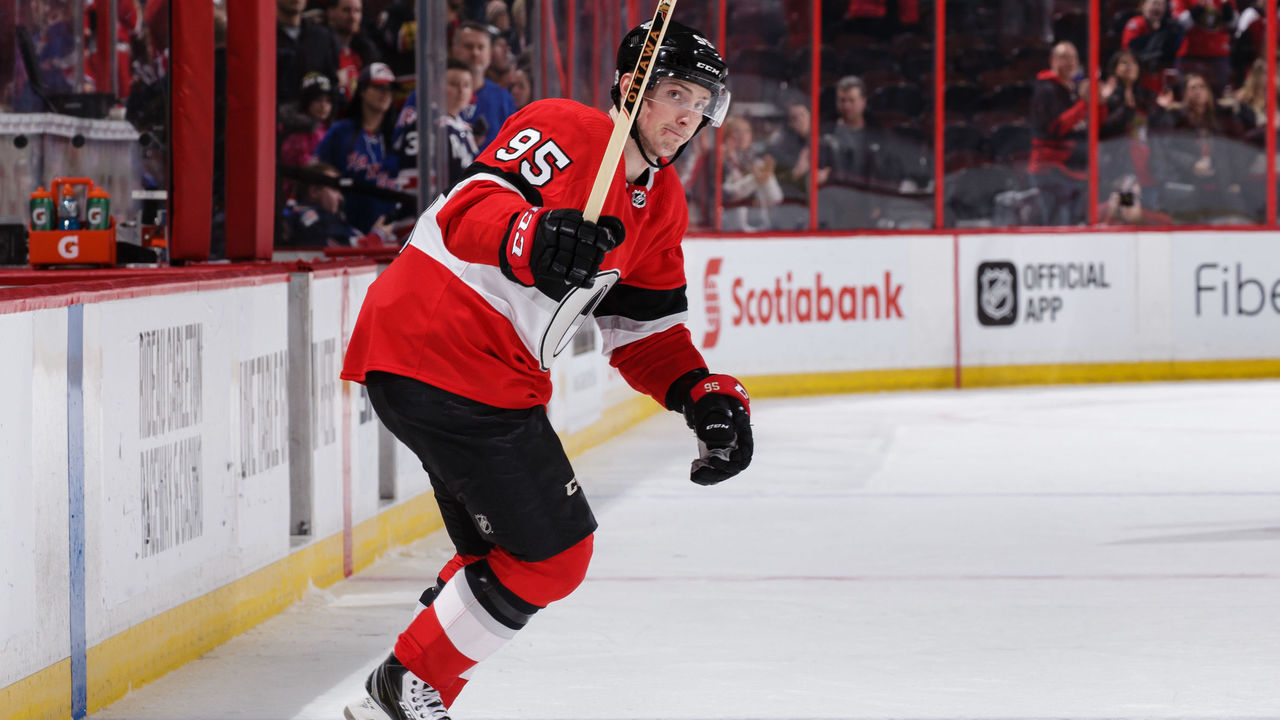 OTTAWA, ON - FEBRUARY 17: Matt Duchene #95 of the Ottawa Senators acknowledges the fans after being named second star of the game following a win against the New York Rangers at Canadian Tire Centre on February 17, 2018 in Ottawa, Ontario, Canada. *** Local Caption ***