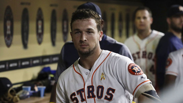 HOUSTON, TX - SEPTEMBER 01: Alex Bregman #2 of the Houston Astros stares at the camera after a homerun in the sixth innng against the Los Angeles Angels of Anaheim at Minute Maid Park on September 1, 2018 in Houston, Texas.