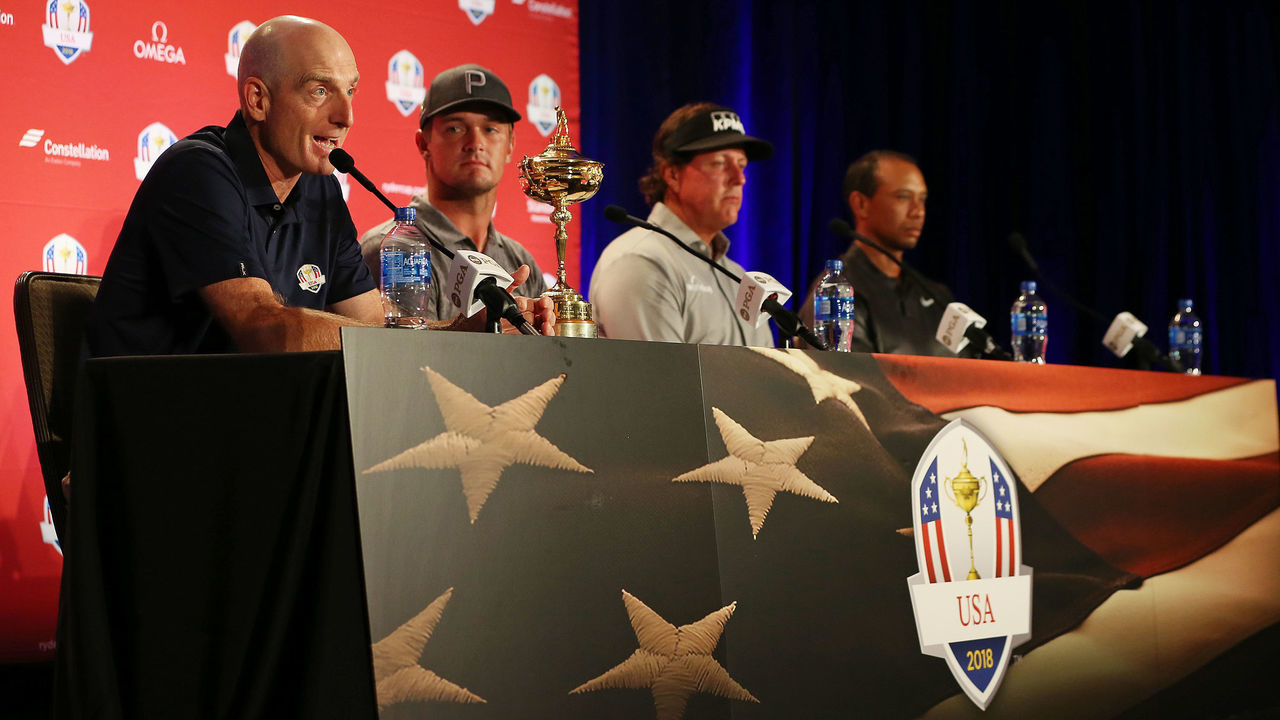 WEST CONSHOHOCKEN, PA - SEPTEMBER 04: U.S. Ryder Cup Team Captain Jim Furyk announces Bryson DeChambeau, Phil Mickelson and Tiger Woods as the Captain's Picks for the 2018 U.S. team during a press conference at the Philadelphia Marriott West on September 4, 2018 in West Conshohocken, Pennsylvania.