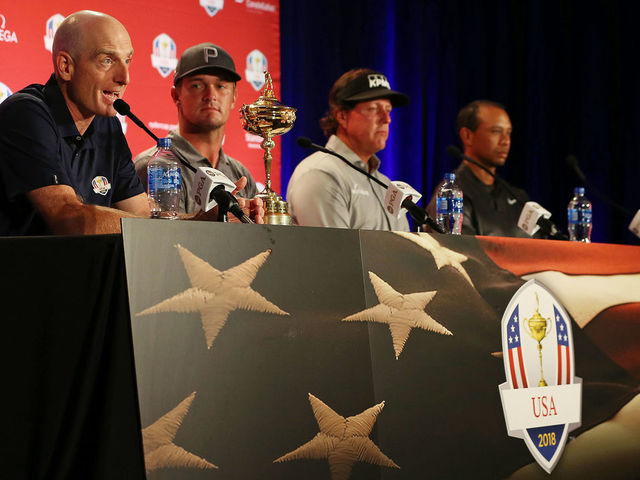 WEST CONSHOHOCKEN, PA - SEPTEMBER 04: U.S. Ryder Cup Team Captain Jim Furyk announces Bryson DeChambeau, Phil Mickelson and Tiger Woods as the Captain's Picks for the 2018 U.S. team during a press conference at the Philadelphia Marriott West on September 4, 2018 in West Conshohocken, Pennsylvania.