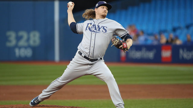 TORONTO, ON - SEPTEMBER 3: Ryne Stanek #55 of the Tampa Bay Rays delivers a pitch in the first inning during MLB game action against the Toronto Blue Jays at Rogers Centre on September 3, 2018 in Toronto, Canada.