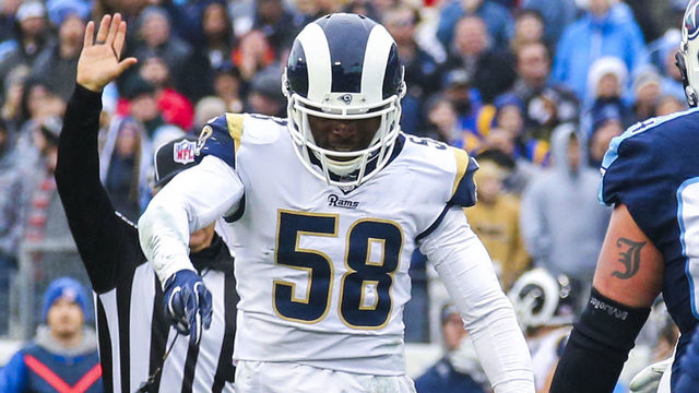 NASHVILLE, TN - DECEMBER 24: Outside Linebacker Cory Littleton #58 of the Los Angeles Rams reacts after sacking Quarterback Marcus Mariota #8 of the Tennessee Titans at Nissan Stadium on December 24, 2017 in Nashville, Tennessee.