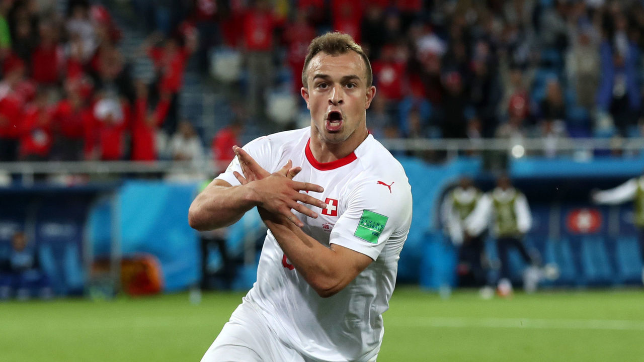 KALININGRAD, RUSSIA - JUNE 22: Xherdan Shaqiri of Switzerland celebrates after scoring his team's second goal during the 2018 FIFA World Cup Russia group E match between Serbia and Switzerland at Kaliningrad Stadium on June 22, 2018 in Kaliningrad, Russia.