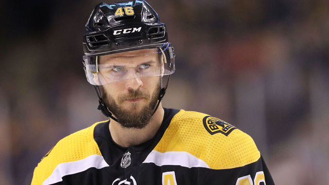 BOSTON, MA - APRIL 12: David Krejci #46 of the Boston Bruins looks on during the first period of Game One of the Eastern Conference First Round against the Toronto Maple Leafs during the 2018 NHL Stanley Cup Playoffs at TD Garden on April 12, 2018 in Boston, Massachusetts.