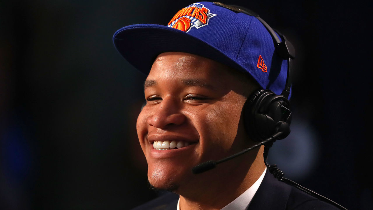 NEW YORK, NY - JUNE 21: Kevin Knox speaks with media after being drafted ninth overall by the New York Knicks during the 2018 NBA Draft at the Barclays Center on June 21, 2018 in the Brooklyn borough of New York City.