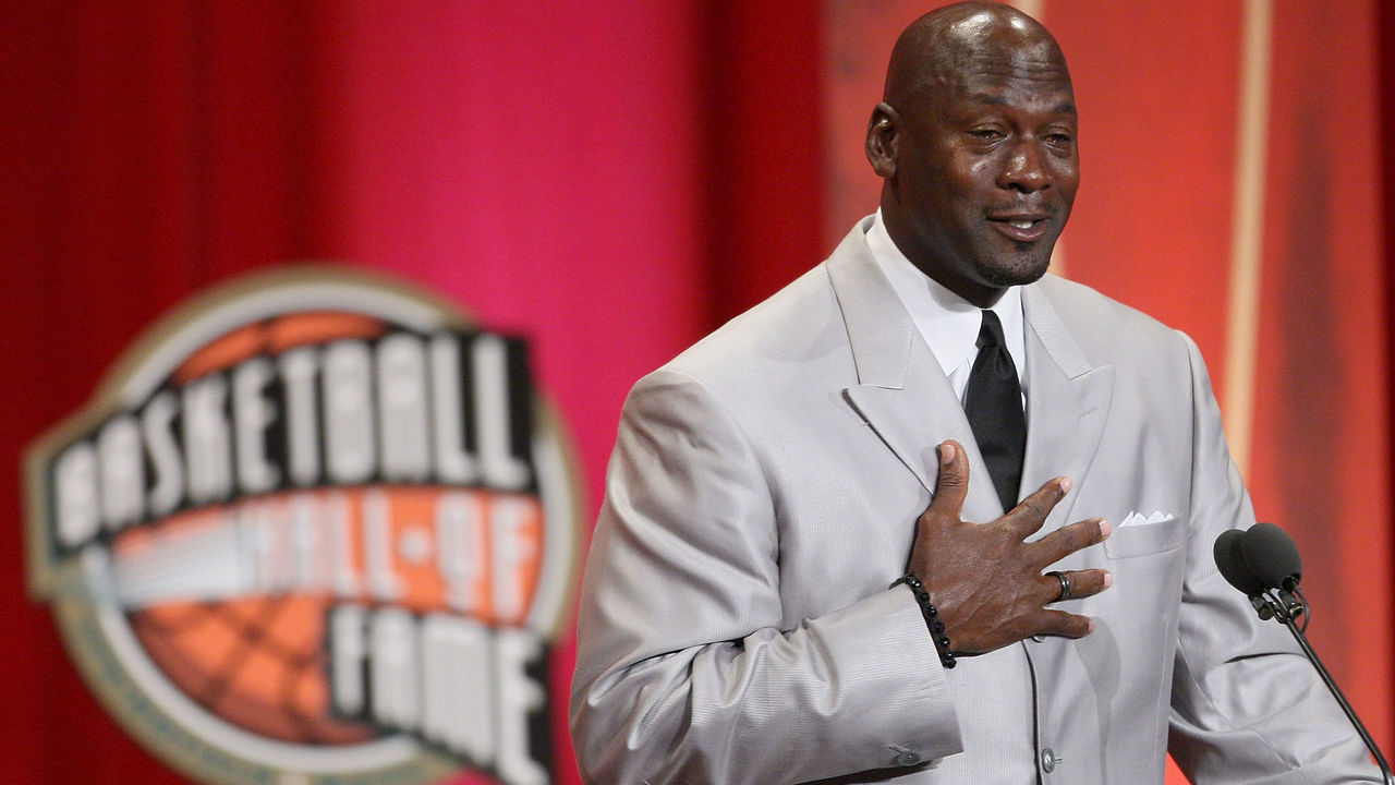 SPRINGFIELD, MA - SEPTEMBER 11: Michael Jordan reacts during his induction into the Naismith Memorial Basketball Hall of Fame on September 11, 2009 in Springfield, Massachusetts.