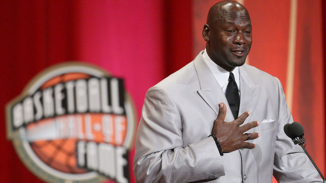 SPRINGFIELD, MA - SEPTEMBER 11: Michael Jordan reacts during his induction into the Naismith Memorial Basketball Hall of Fame on September 11, 2009 in Springfield, Massachusetts.