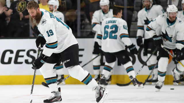 LAS VEGAS, NV - APRIL 26: Joe Thornton #19 of the San Jose Sharks skates with the puck during warm-ups to Game One of the Western Conference Second Round against the Vegas Golden Knights during the 2018 NHL Stanley Cup Playoffs at T-Mobile Arena on April 26, 2018 in Las Vegas, Nevada.