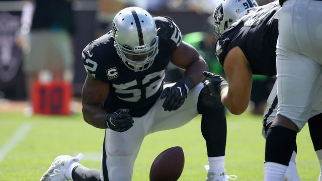OAKLAND, CA - SEPTEMBER 17: Khalil Mack #52 of the Oakland Raiders reacts after he sacked Josh McCown #15 of the New York Jets at Oakland-Alameda County Coliseum on September 17, 2017 in Oakland, California.