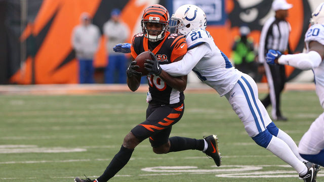 CINCINNATI, OH - OCTOBER 29: Cincinnati Bengals wide receiver A.J. Green (18) controls the ball during the game against the Indianapolis Colts and the Cincinnati Bengals on October 29th, 2017 at Paul Brown Stadium in Cincinnati, OH.