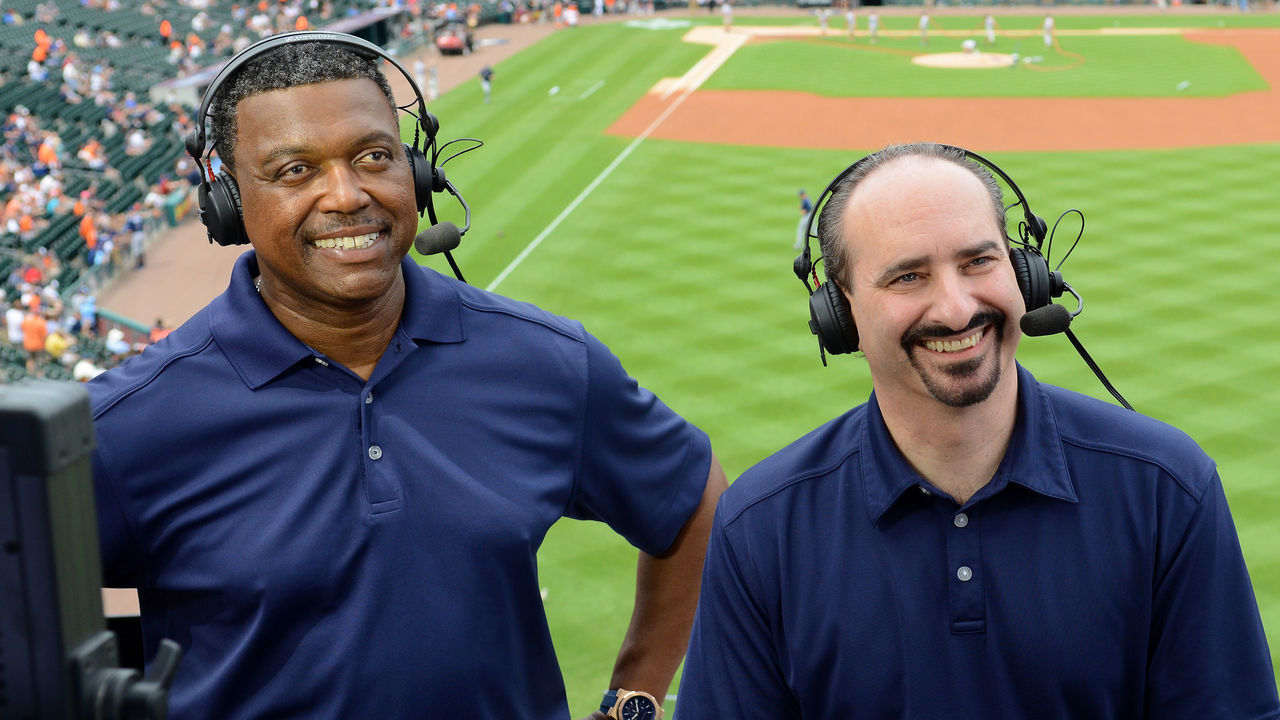 DETROIT, MI - JULY 05: Detroit Tigers television broadcasters Rod Allen (L) and Mario Impemba look on prior to the game against the Tampa Bay Rays at Comerica Park on July 5, 2014 in Detroit, Michigan. The Rays defeated the Tigers 7-2.