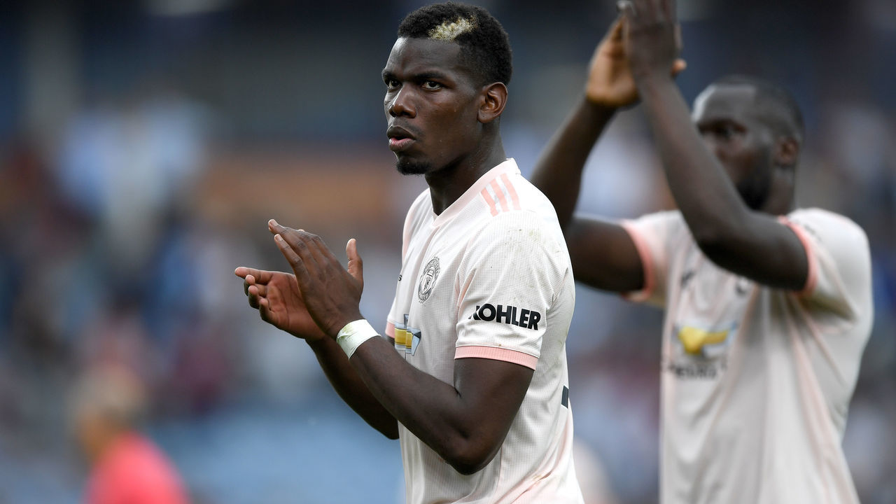 BURNLEY, ENGLAND - SEPTEMBER 02: Paul Pogba of Manchester United applauds the travelling fans after the Premier League match between Burnley FC and Manchester United at Turf Moor on September 2, 2018 in Burnley, United Kingdom.