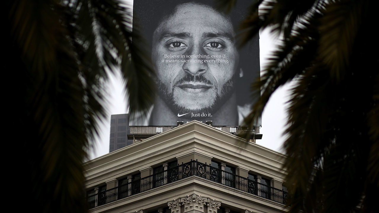 SAN FRANCISCO, CA - SEPTEMBER 05: A billboard featuring former San Francisco 49ers quaterback Colin Kaepernick is displayed on the roof of the Nike Store on September 5, 2018 in San Francisco, California. Nike launched an ad campaign to commemorate the 30th anniversary of its iconic 'Just Do It' motto that features controversial former NFL quarterback Colin Kaepernick and a message that says 'Believe in something. Even if it means sacrificing everything.'
