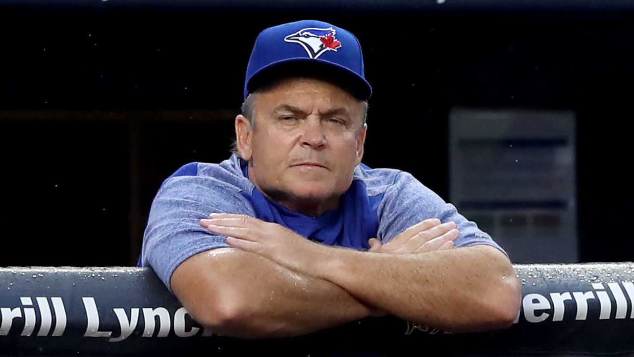 NEW YORK, NY - AUGUST 17: John Gibbons #5 of the Toronto Blue Jays looks on in the first inning against the New York Yankees at Yankee Stadium on August 17, 2018 in the Bronx borough of New York City.