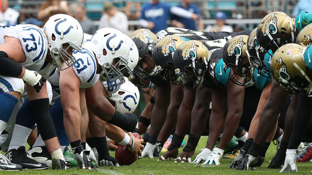 JACKSONVILLE, FL - DECEMBER 03: The line of scrimmage is seen during the game between the Indianapolis Colts and the Jacksonville Jaguars at EverBank Field on December 3, 2017 in Jacksonville, Florida.