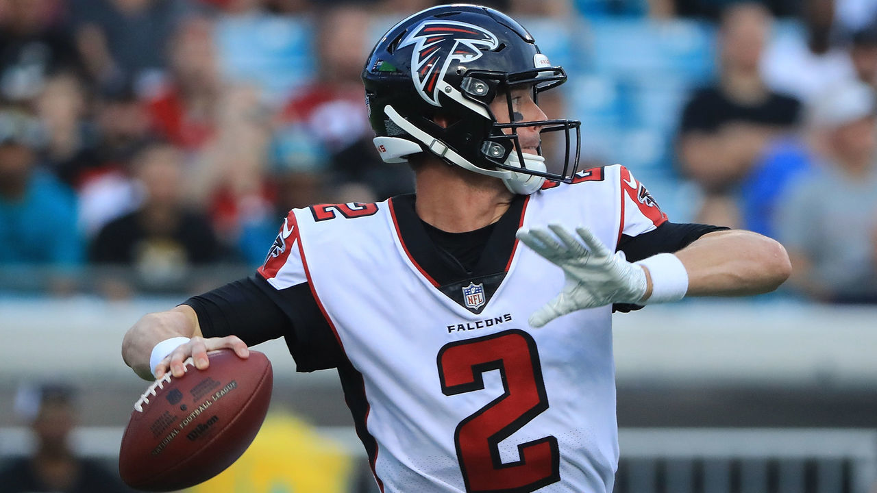 JACKSONVILLE, FL - AUGUST 25: Matt Ryan #2 of the Atlanta Falcons attempts a pass during a preseason game against the Jacksonville Jaguars at TIAA Bank Field on August 25, 2018 in Jacksonville, Florida.