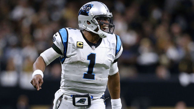 NEW ORLEANS, LA - JANUARY 07: Cam Newton #1 of the Carolina Panthers celebrates during the second half of the NFC Wild Card playoff game against the New Orleans Saints at the Mercedes-Benz Superdome on January 7, 2018 in New Orleans, Louisiana.