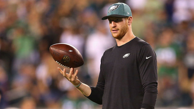 PHILADELPHIA, PA - SEPTEMBER 06: Carson Wentz #11 of the Philadelphia Eagles looks on before the game against the Atlanta Falcons at Lincoln Financial Field on September 6, 2018 in Philadelphia, Pennsylvania.
