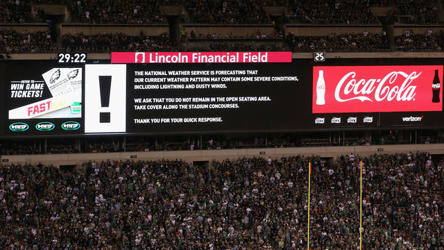PHILADELPHIA, PA - SEPTEMBER 06: A weather warning message is seen on a video board before the game between the Atlanta Falcons and the Philadelphia Eagles at Lincoln Financial Field on September 6, 2018 in Philadelphia, Pennsylvania.