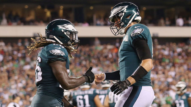 PHILADELPHIA, PA - SEPTEMBER 06: Jay Ajayi #26 of the Philadelphia Eagles celebrates with Nick Foles #9 after rushing for a 1-yard touchdown during the third quarter against the Atlanta Falcons at Lincoln Financial Field on September 6, 2018 in Philadelphia, Pennsylvania.