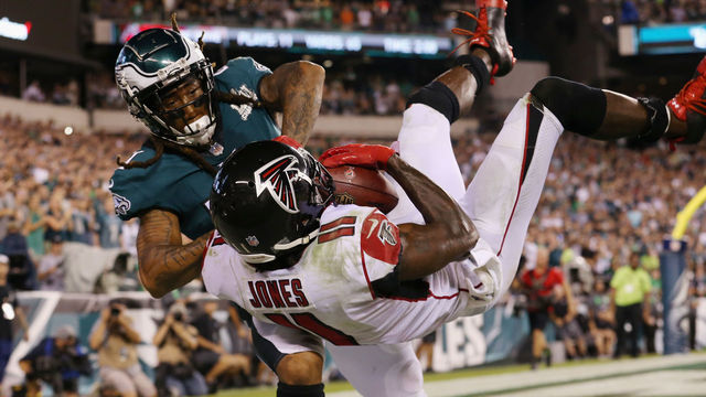 PHILADELPHIA, PA - SEPTEMBER 06: Julio Jones #11 of the Atlanta Falcons is unable to make a reception in the end zone as he is defended by Ronald Darby #21 of the Philadelphia Eagles during the fourth quarter at Lincoln Financial Field on September 6, 2018 in Philadelphia, Pennsylvania.