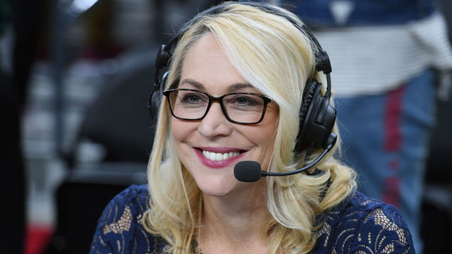 LAS VEGAS, NV - OCTOBER 08: ESPN reporter and analyst Doris Burke broadcasts after a preseason game between the Sacramento Kings and the Los Angeles Lakers at T-Mobile Arena on October 8, 2017 in Las Vegas, Nevada. Los Angeles won 75-69.