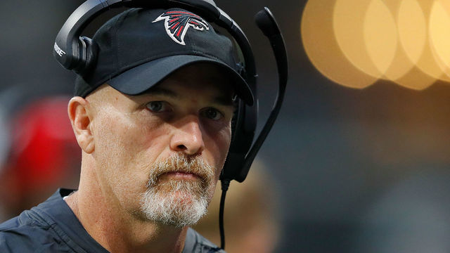 ATLANTA, GA - AUGUST 30: Head coach Dan Quinn of the Atlanta Falcons walks the sidelines during the game against the Miami Dolphins at Mercedes-Benz Stadium on August 30, 2018 in Atlanta, Georgia.