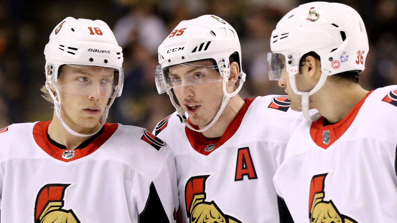 BOSTON, MA - APRIL 07: Ryan Dzingel #18 of the Ottawa Senators, Matt Duchene #95, and Colin White #36 talk during the second period against the Boston Bruins at TD Garden on April 7, 2018 in Boston, Massachusetts.