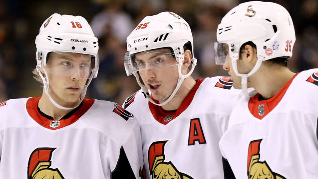 BOSTON, MA - APRIL 07: Ryan Dzingel #18 of the Ottawa Senators, Matt Duchene #95, and Colin White #36 talk during the second period against the Boston Bruins at TD Garden on April 7, 2018 in Boston, Massachusetts.