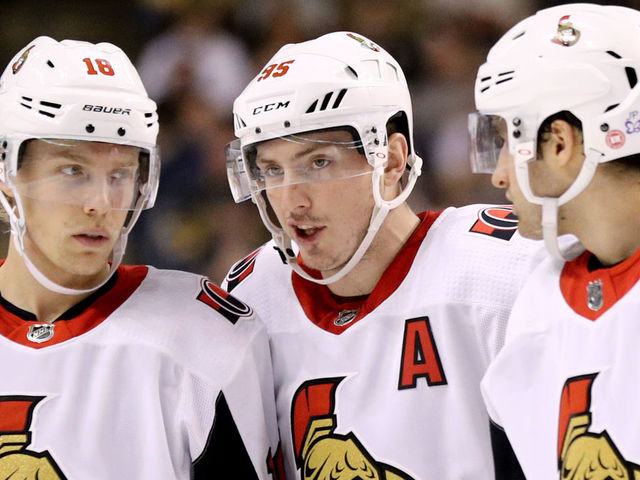 BOSTON, MA - APRIL 07: Ryan Dzingel #18 of the Ottawa Senators, Matt Duchene #95, and Colin White #36 talk during the second period against the Boston Bruins at TD Garden on April 7, 2018 in Boston, Massachusetts.
