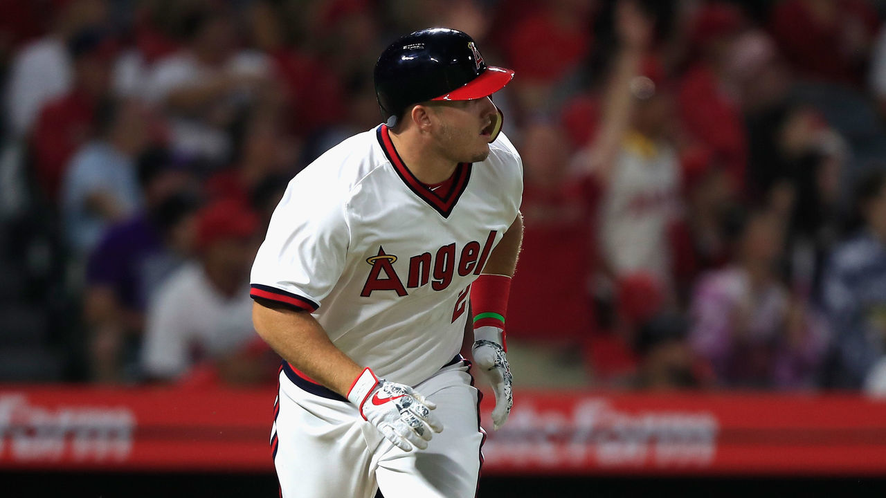 ANAHEIM, CA - AUGUST 27: Mike Trout #27 of the Los Angeles Angels of Anaheim looks on after his solo homerun during the sixth inning of a game against the Colorado Rockies at Angel Stadium on August 27, 2018 in Anaheim, California.