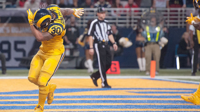 ST. LOUIS, MO - DECEMBER 17: Todd Gurley #30 of the St. Louis Rams celebrates after scoring a touchdown in the second quarter against the Tampa Bay Buccaneers at the Edward Jones Dome on December 17, 2015 in St. Louis, Missouri.