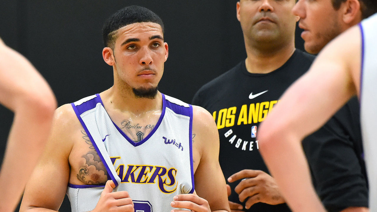 LOS ANGELES, CA - MAY 29: LiAngelo Ball #2 stands on the court as he listens to head coach Luke Walton of the Los Angeles Lakers during the Los Angeles Lakers 2018 NBA Pre-Draft Workout on May 29, 2018 in Los Angeles, California.