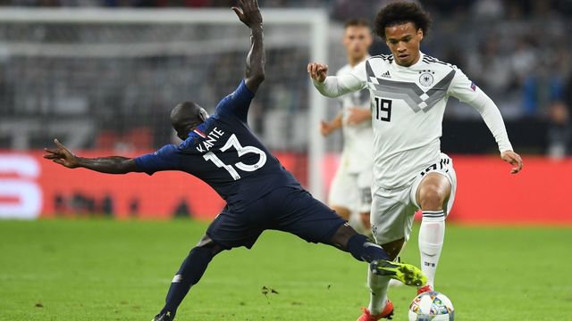 France's midfielder N'Golo Kante (L) and Germany's midfielder Leroy Sane vie for the ball during the UEFA Nations League football match Germany against France on September 6, 2018 in Munich, southern Germany.