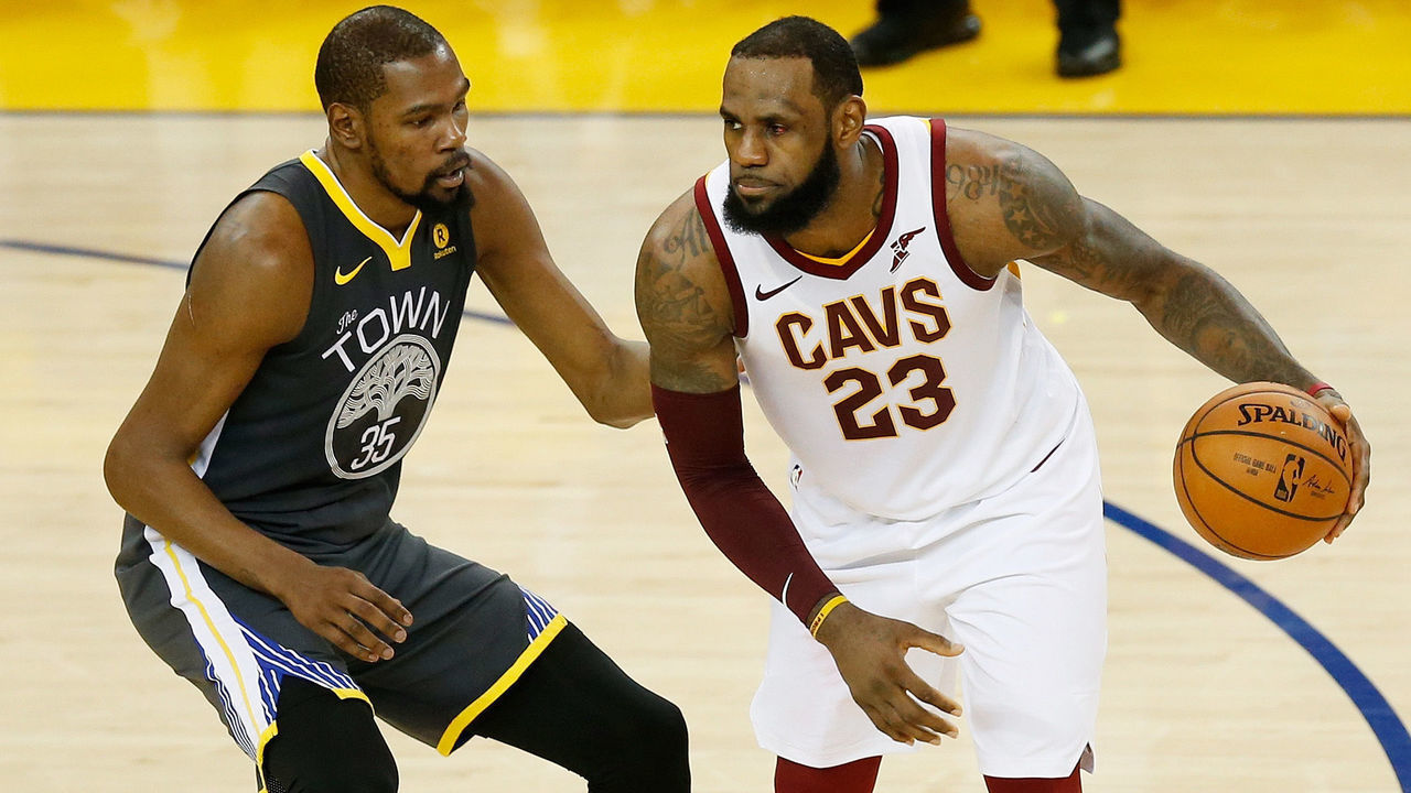 OAKLAND, CA - JUNE 03: Kevin Durant #35 of the Golden State Warriors defends against LeBron James #23 of the Cleveland Cavaliers in Game 2 of the 2018 NBA Finals at ORACLE Arena on June 3, 2018 in Oakland, California.
