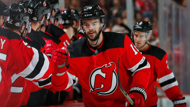 NEWARK, NJ - FEBRUARY 01: Drew Stafford #18 of the New Jersey Devils in action against the Philadelphia Flyers on February 1, 2018 at Prudential Center in Newark, New Jersey. The Devils defeated the Flyers 4-3.