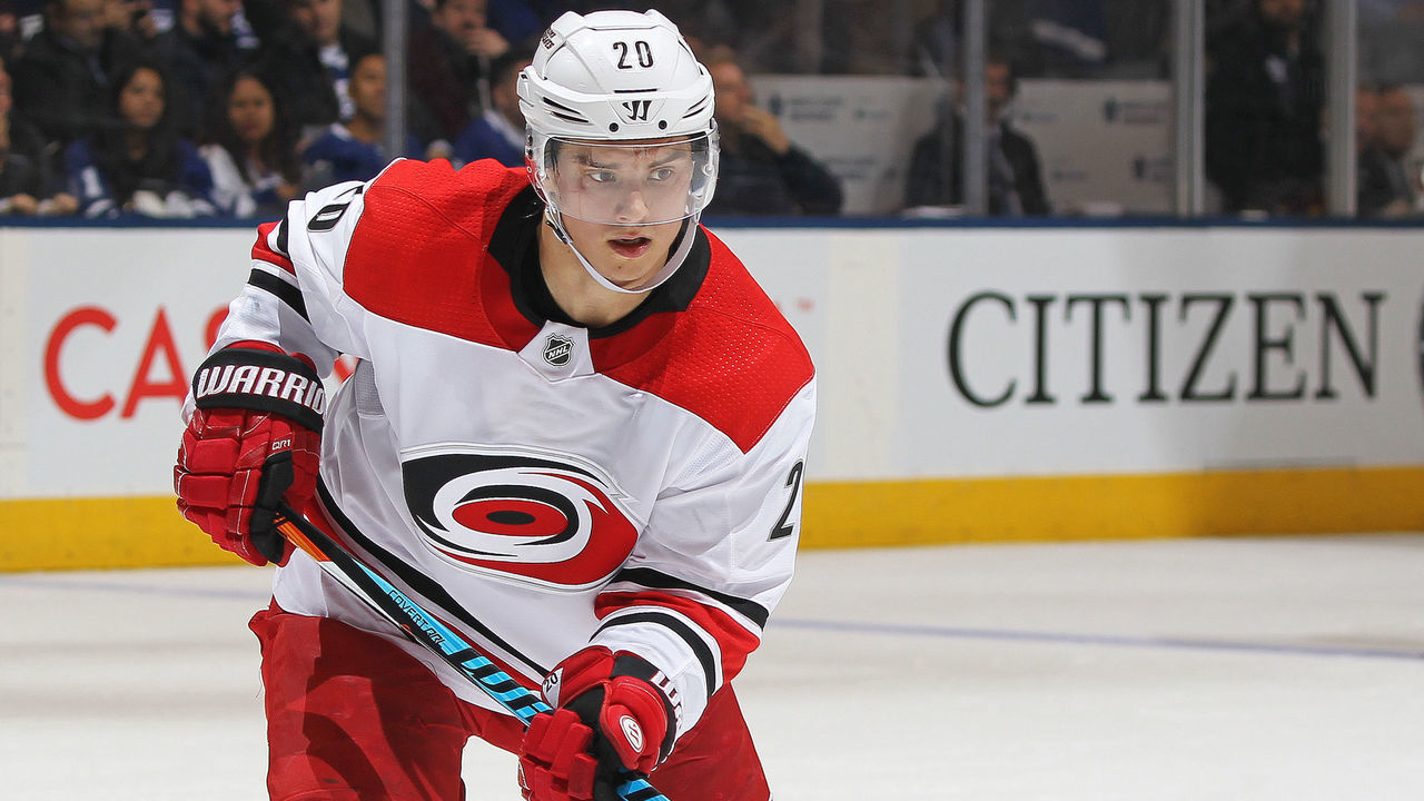 TORONTO,ON - DECEMBER 19: Sebastian Aho #20 of the Carolina Hurricanes skates against the Toronto Maple Leafs during an NHL game at the Air Canada Centre on December 19, 2017 in Toronto, Ontario, Canada. The Maple Leafs defeated the Hurricanes 8-1.