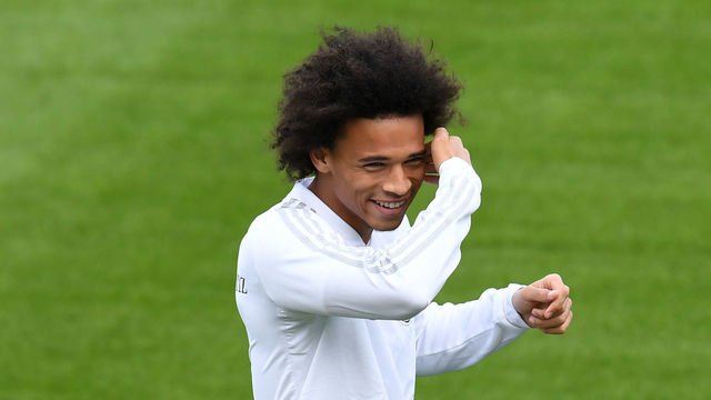 Germany's midfielder Leroy Sane jokes during a training session of the German national football team in Munich, southern Germany, on September 3, 2018 ahead of their UEFA Nations League against France. - Germany will play against France in the UEFA Nations League in Munich, southern Germany, on September 6, 2018.