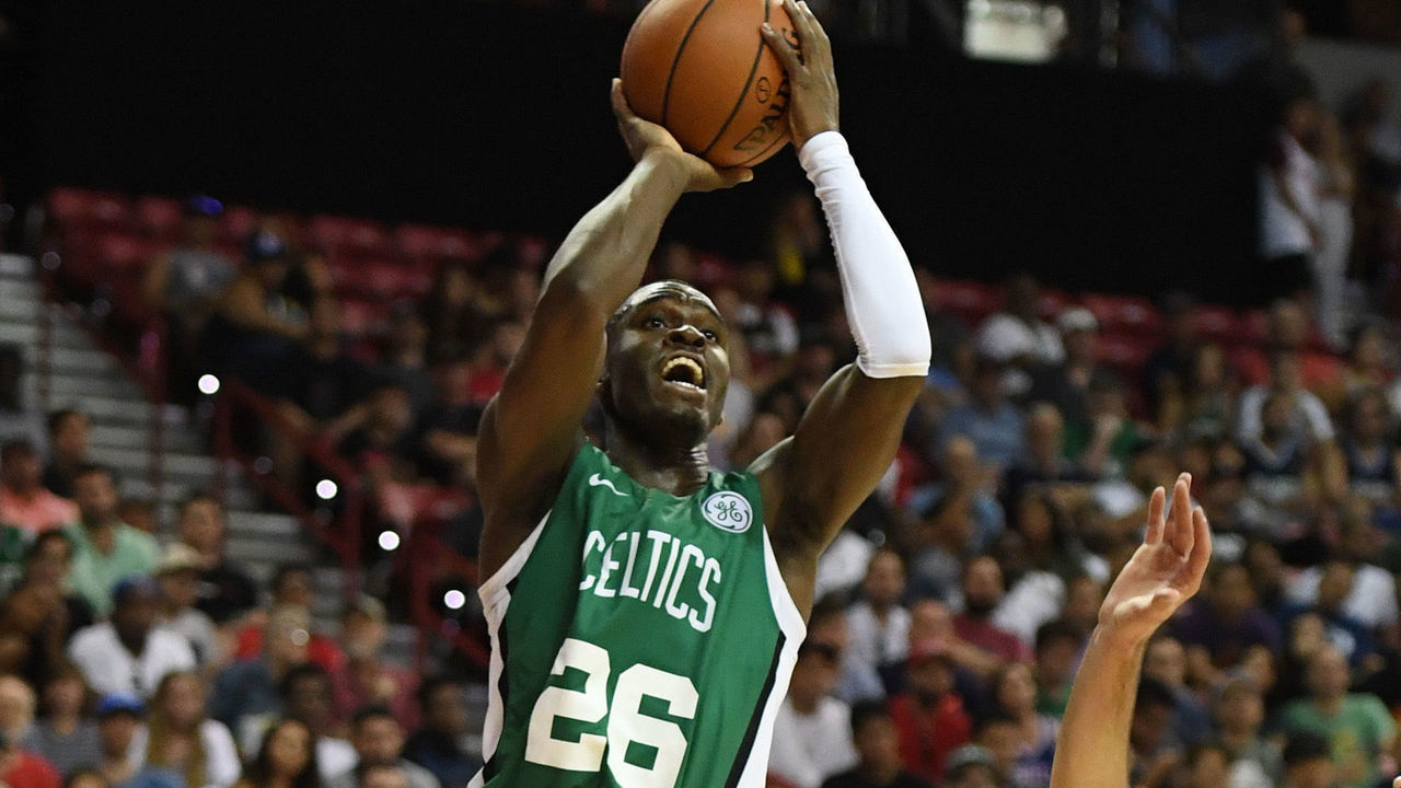 LAS VEGAS, NV - JULY 06: Jabari Bird #26 of the Boston Celtics shoots against Furkan Korkmaz #30 of the Philadelphia 76ers during the 2018 NBA Summer League at the Thomas & Mack Center on July 6, 2018 in Las Vegas, Nevada. The Celtics defeated the 76ers 69-63.