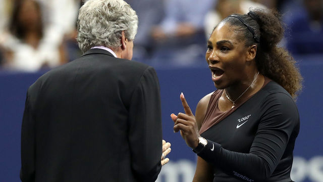 NEW YORK, NY - SEPTEMBER 08: Serena Williams of the United States argues with referee Brian Earley during her Women's Singles finals match against Naomi Osaka of Japan on Day Thirteen of the 2018 US Open at the USTA Billie Jean King National Tennis Center on September 8, 2018 in the Flushing neighborhood of the Queens borough of New York City.