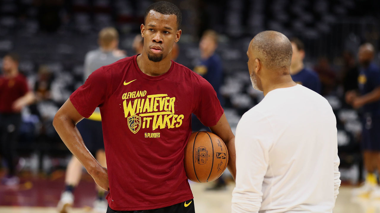 CLEVELAND, OH - APRIL 15: Rodney Hood #1 of the Cleveland Cavaliers warms up prior to playing the Indiana Pacers in Game One of the Eastern Conference Quarterfinals during the 2018 NBA Playoffs at Quicken Loans Arena on April 15, 2018 in Cleveland, Ohio.