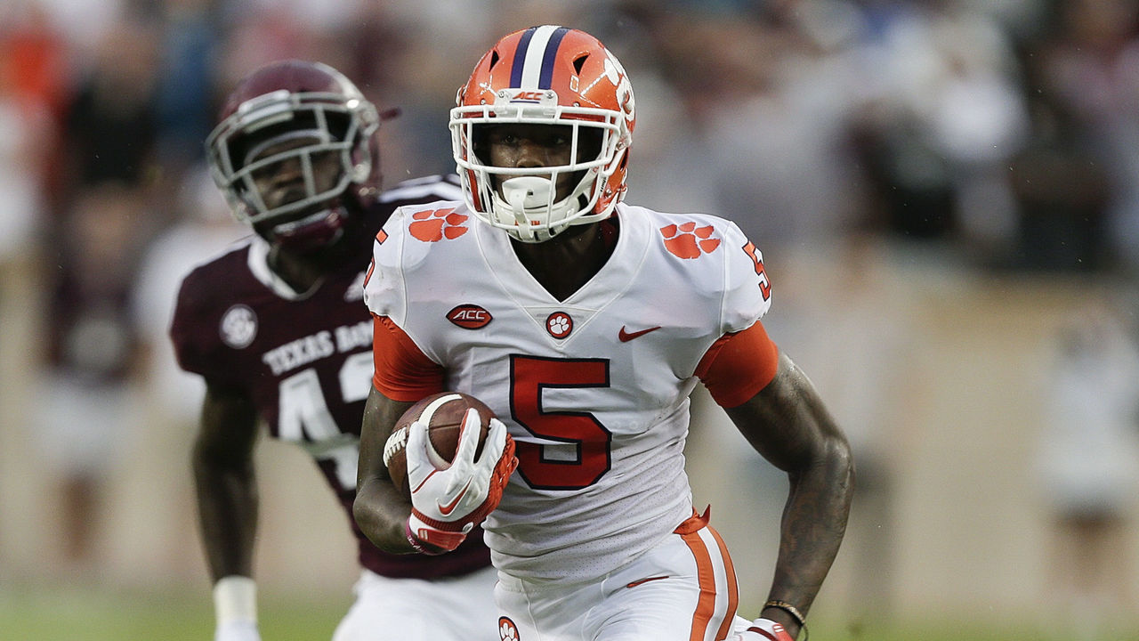 COLLEGE STATION, TX - SEPTEMBER 08: Tee Higgins #5 of the Clemson Tigers scores on a 64 yard reception in the second quarter against the Texas A&M Aggies at Kyle Field on September 8, 2018 in College Station, Texas.