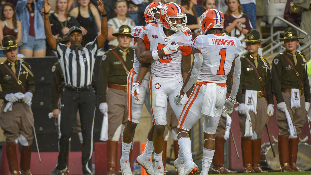 COLLEGE STATION, TX - SEPTEMBER 08: Clemson Tigers wide reciever Cornell Powell (17) and Clemson Tigers wide reciever Trevion Thompson (1) congratulate Clemson Tigers wide reciever Tee Higgins (5) after his long first half touchdown reception during the college football game between the Clemson Tigers and the Texas A&M Aggies on September 8, 2018 at Kyle Field in College Station, Texas.