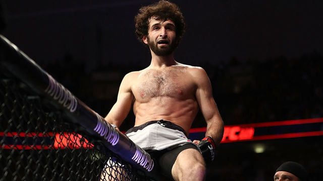 DALLAS, TX - SEPTEMBER 08: Zabit Magomedsharipov celebrates his victory against Brandon Davis in their Featherweight bout during UFC 228 at American Airlines Center on September 8, 2018 in Dallas, United States.