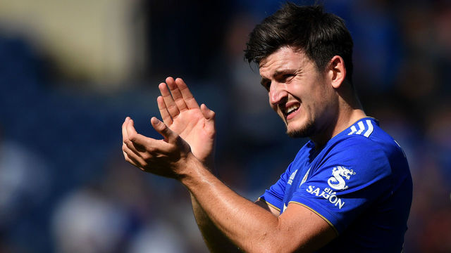 LEICESTER, ENGLAND - SEPTEMBER 01: Harry Maguire of Leicester City applauds fans after the Premier League match between Leicester City and Liverpool FC at The King Power Stadium on September 1, 2018 in Leicester, United Kingdom.
