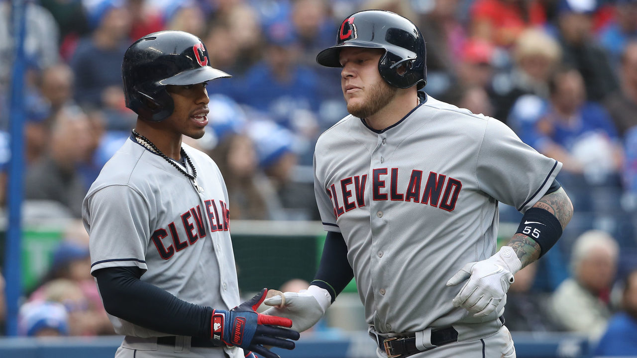 TORONTO, ON - SEPTEMBER 8: Roberto Perez #55 of the Cleveland Indians is congratulated by Francisco Lindor #12 after hitting a solo home run in the fifth inning during MLB game action against the Toronto Blue Jays at Rogers Centre on September 8, 2018 in Toronto, Canada.
