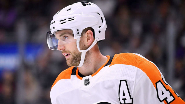 LOS ANGELES, CA - OCTOBER 05: Andrew MacDonald #47 of the Philadelphia Flyers skates to the faceoff circle during opening night of the Los Angeles Kings 2017-2018 season at Staples Center on October 5, 2017 in Los Angeles, California.