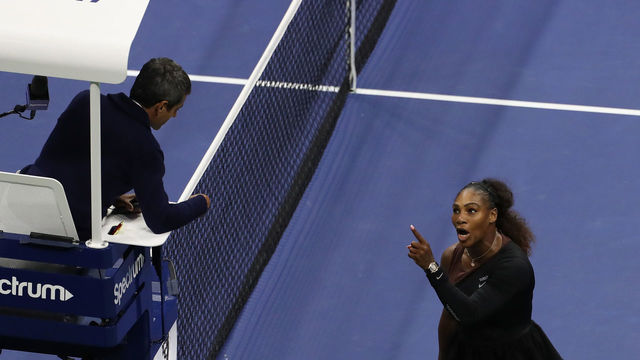 NEW YORK, NY - SEPTEMBER 08: Serena Williams of the United States argues with umpire Carlos Ramos during her Women's Singles finals match against Naomi Osaka of Japan on Day Thirteen of the 2018 US Open at the USTA Billie Jean King National Tennis Center on September 8, 2018 in the Flushing neighborhood of the Queens borough of New York City.
